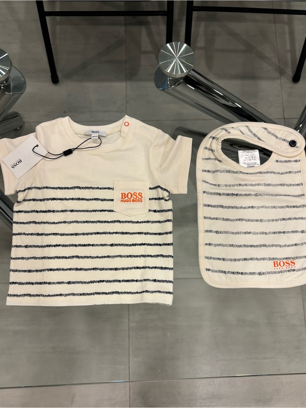 HUGO BOSS Cream & Navy Striped Baby Tee with Matching Bib